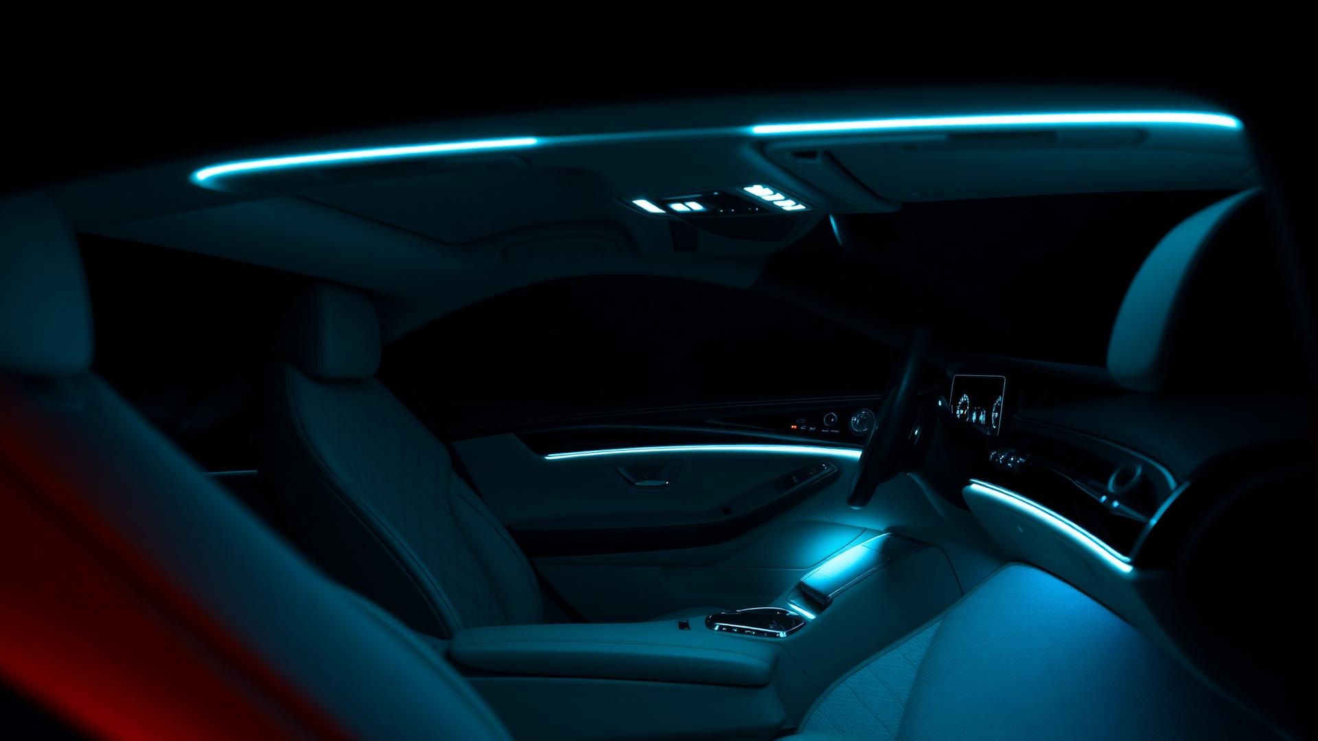 Luxury car interior at night with ice-blue ambient lighting